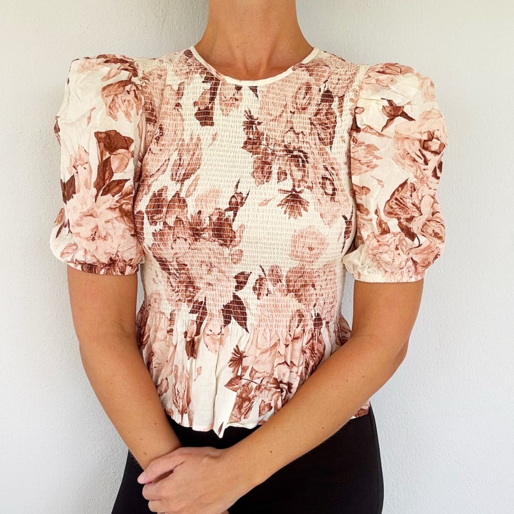 Express pink floral puff sleeve linen blend smocked peplum top size XS
